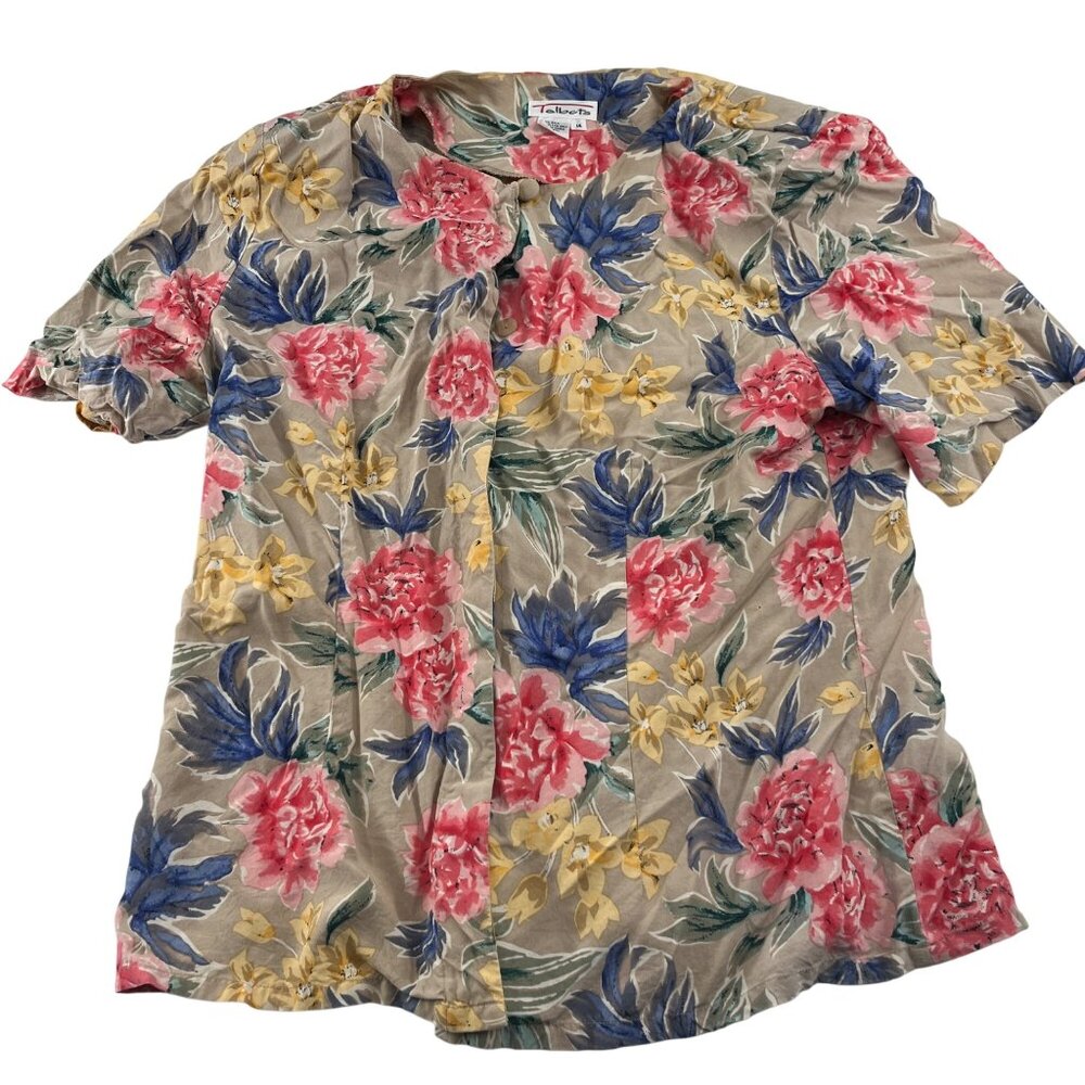 Talbots Vintage Floral Silk Short Sleeve Blouse Women's Size 14 button Up